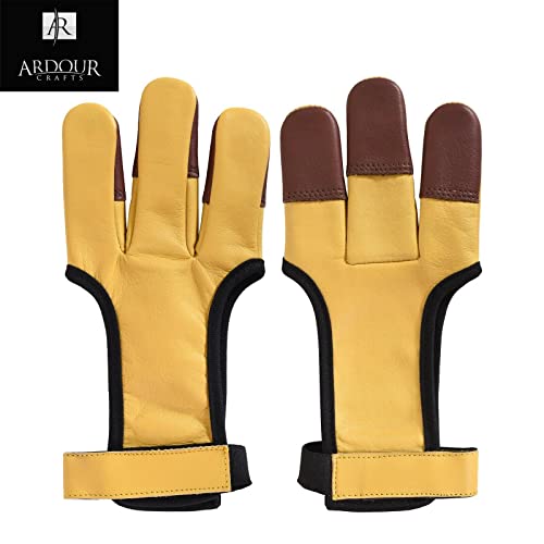 Genuine Leather Archery Gloves (Tan) - Handmade Archery Three Fingers Tabs Protected Design Arrow Guard For Hunting Shooting - Hunting Accessories For Men Women Beginners (Large) #TOP5