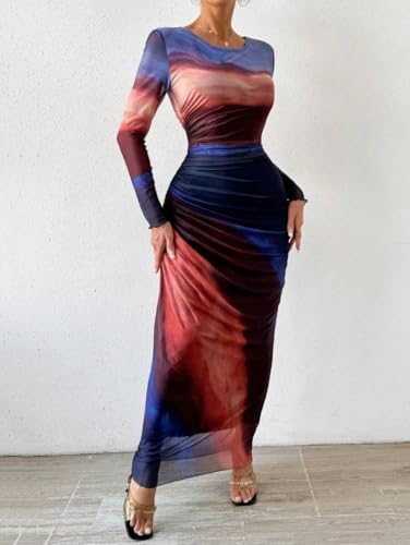 Image of LIGHT DOT Women's Printed Bodycon Maxi Dress Long Sleeve Tie Dye Mesh Ruched Cocktail Dress