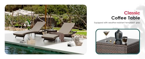 Image of Outdoor Poolside Lounger with Adjustable Backrest Sun Chaise Recliner for Terrace Garden Poolside for Relaxation Durable and Stylish- (Brown & Beige) 2 Lounger+Side Table