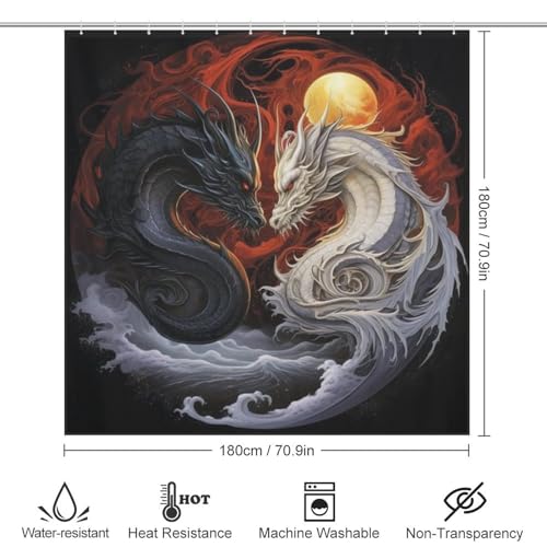 Rideau de douche dragon tissu polyester imperméable lavable avec 12 crochets 183x183cm - 4