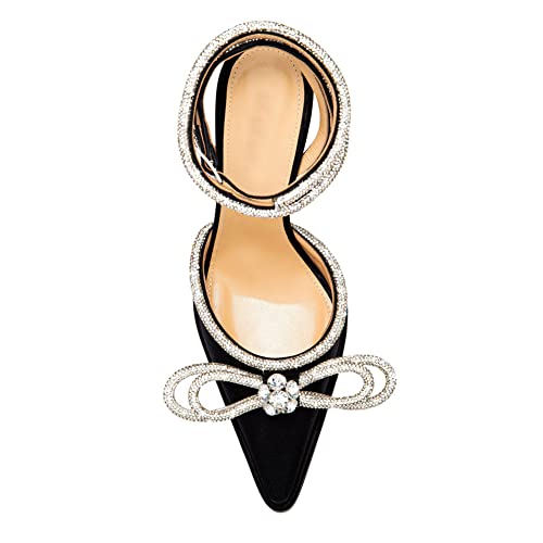 Arqa Women's Rhinestone Bow Platforms,Diamond Ankle Strap Pumps Chunky Heel Wedding Slingback Pump4