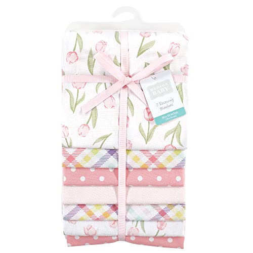 Image of Hudson Baby Unisex Baby Cotton Flannel Receiving Blankets Bundle, Pink Tulips, One Size
