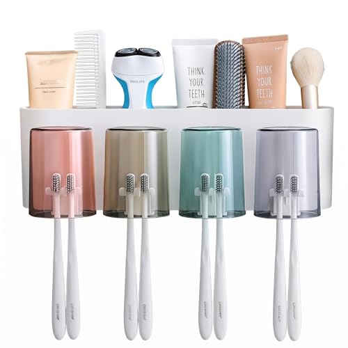 Image of Wall Mounted Toothbrush Holder for Bathroom with 4 Cups | Dustproof Toothbrush Organizer Stand | BPA-Free Bathroom Storage Shelf for Toothbrush, Toothpaste, Comb & Razor | Self Adhesive