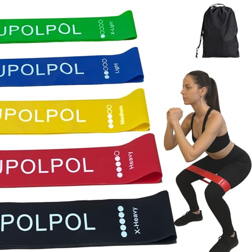 QUPOLPOL Set di 5 fasce di resistenza in lattice naturale, per donne e uomini, 5 livelli (da X-Light a X-Heavy), per gambe, glutei, pilates, yoga, allenamento a casa, riabilitazione, borsa per il