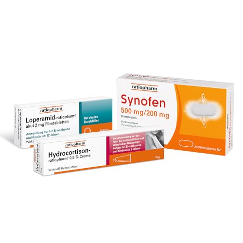 Für den Urlaub: die ratiopharm-Reiseapotheke. Synofen bei Schmerzen, Hydrocortison-ratiopharm® bei sonnenbeanspruchter Haut und Loperamid-ratiopharm® bei Durchfall.