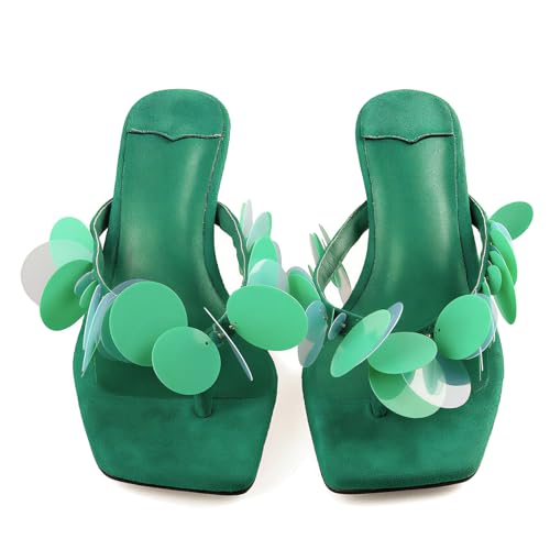 Image of Goolita Women's Suede Sequin Kitten Heels Flip Flops Open Square Toe Strappy Thong Slide Heeled Sandals Comfort Prom Party Mules Heels
