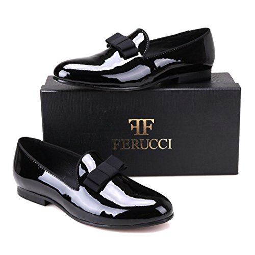 FERUCCI Handmade Men Plain Black Patent Leather with Black Bow Slippers Loafers2