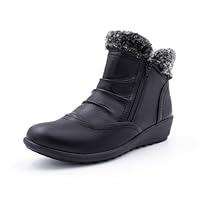 Cushion Walk EEE Extra-Wide Fit Women's Ankle Boots - Faux Leather Ruched Winter Boots with Faux Fur Trim & Double Zip, 4cm Wedge Heel, Non-Slip Sole