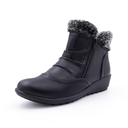 Cushion Walk EEE Extra-Wide Fit Faux Leather & Faux Fur Trimmed Double Zip Ruched Ankle Boots (8 UK, Black)