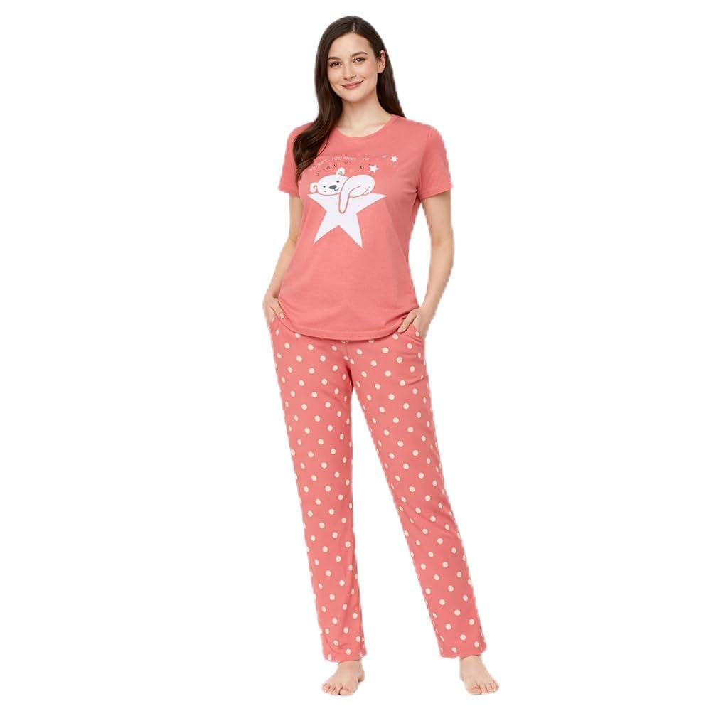 comfort lady Women’s Cotton Night Suit | Round Neck Printed T-Shirt with Pyjama | Relaxed Fit Sleepwear & Loungewear - NSTP2004-picture-37