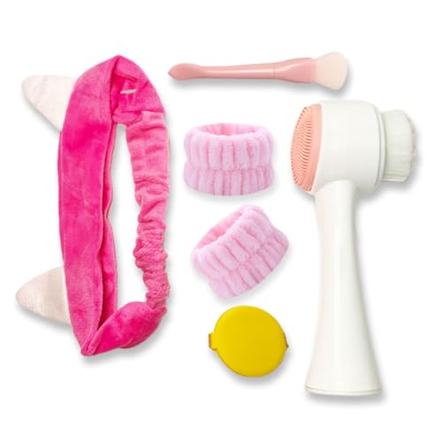 Manual Facial Cleansing Brush, Face Washing Tools,Headbands, Wrist Band ?Facial Mask Brush and Powder Puff?Pink)