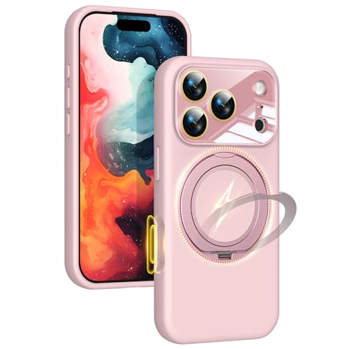 Image of Silicone 360 Spin Magnetic Stand Case for iPhone 17 Pro Max, [Compatible with Mag-Safe][Reinforced Hard Camera Protection] Liquid Silicone Rubber Phone Cover with Ring, Camera Button, Pink