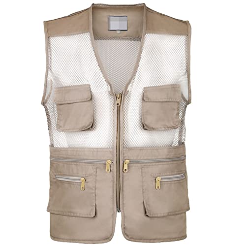 SimidunEUR Gilet De Pêche Pour Hommes Gilets Multi-Poches Gilet Extérieur Safari Chasse Randonnée Gilet Sans Manches Veste Respirant Photographie Haut D'Été,Kaki,Buste:106 CM Cover