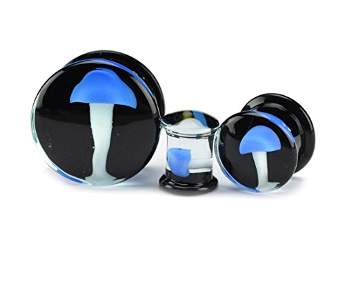 Mystic Metals Body Jewelry Glass Plugs with Blue Mushroom - Sold as a Pair (9/16" (14mm))