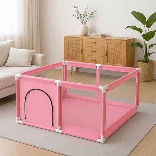 Image of Baby Playpen with Balls - Portable Play Yard with Mesh Panels for Safety & Visibility, Indoor /Outdoor Toddler Activity Fence for Boys & Girls (Baby Pink)