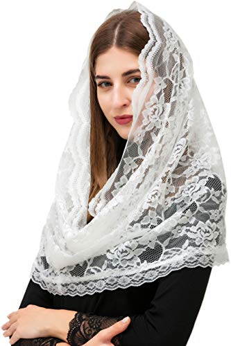PAMOR Infinity Chapel Veil Floral Latin Mass Head Covering Lace Scarf Mantilla Veils for Church (White) - Thumbnail 4