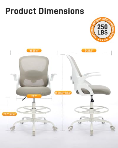 Image of LukkDys Drafting Chair with 4D Multi-Adjustable Backrest, Tall Office Chair 19.7 inch-27.6 inch Seat Height, Ergonomic Standing Desk Chair with Flip-up Arms, Foot Ring, Grey&White