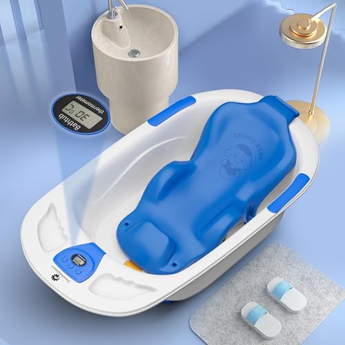 StarAndDaisyBath Tub for 0 to 3 Years/Newborn Baby Bath Tub/Infants Bathtub with Temperatures Sensior & Baby Bath Seat/Sling, Antislip Baby Bath Tub with Bath Chair (White-Blue)