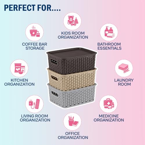 Image of JD Fresh Pack of 3 Premium Plastic Storage Basket with Lid /Smooth Handle Design&Stackable Storage Organizer /Durable Kitchen Storage Basket for Clothes, Vegetables, Fruits, Toys, Stationery(Multicolor)