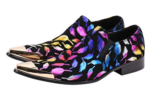 Santimon Mens Loafers Pointed Toe Leather Fashion Printed Metal Tip Western Dress Shoes Feather-Gold 9