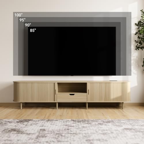 Image of DHH 95.2 inch Fluted TV Stand with Power Outlet for TVs up to 100 inch, TV Console with Adjustable Shelves and Sliding Door,Mid Century Modern Entertainment Center for Living Room,Bedroom (Natural Wood)