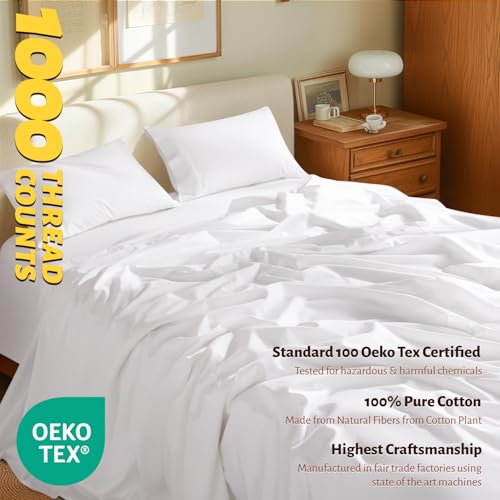 Shilucheng 100% Egyptian Cotton Sheets Set - 1000 Thread Count,Luxury Cotton Bed Sheets,Breathable & Cooling Bedding and Pillow Cases, 16 Inch Deep Pocket - 4 Piece (White, Full)
