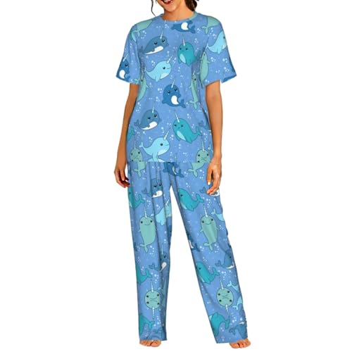 Pyjama imprimé femmes vêtements de nuit manches courtes pantalon long amples