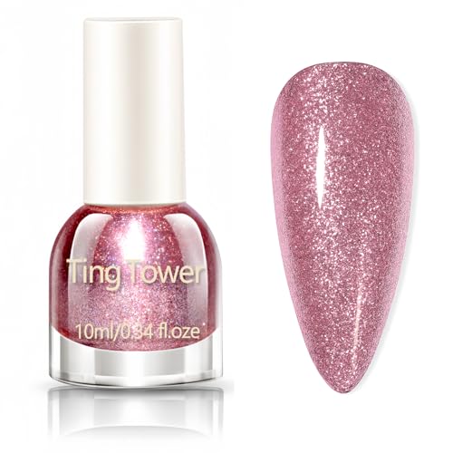 Glitter Nail Polish,Shiny Pink Nail Varnish,Quick-Dry Sparkle Nail Varnish, Long-Lasting Bright Pink Holographic Shimmer Color, Chip-Resistant High-Gloss Finish, No UV Lamp Required