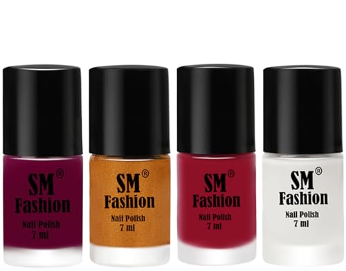 Image of Nail Polish Combo Set (Pack of 4) Quick Dry Gel Finish Nail Paint | Mulberry,Golden,Raspberry,White | 7 ml Each