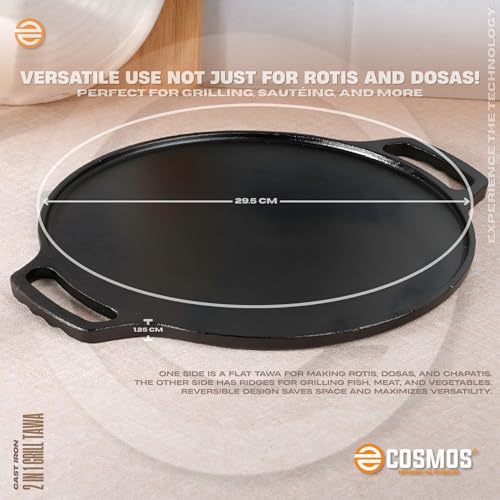 Image of E-COSMOS 2-in-1 Cast Iron Reversible Grill & Tawa Pan | 30 cm Dual Surface Cookware | Non-Stick Coating | Gas, Induction, & Oven Safe | for Roti, Dosa, Grilling Steak, Fish (2 in 1 Grill Tawa)