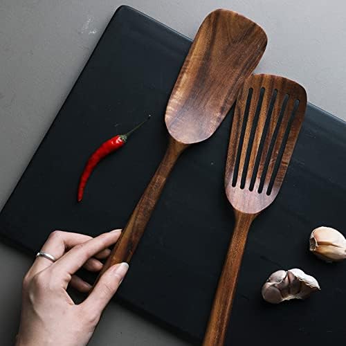 AOOSY Wooden Spatula for Cooking,13.3 Inches Long Handled Acacia Wood Kitchen Flat Spatula Turner Kitchen Utensils Set for Nonstick Cookware, Slotted Spatula X 1,Solid Spatula X 1