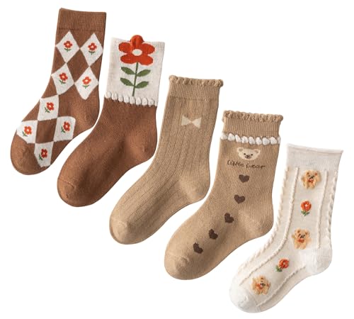 SEAUR 5 Pairs Little Girls Boys Soft Cotton Socks Crew Ankle Sock Cute Pattern Dress Socks