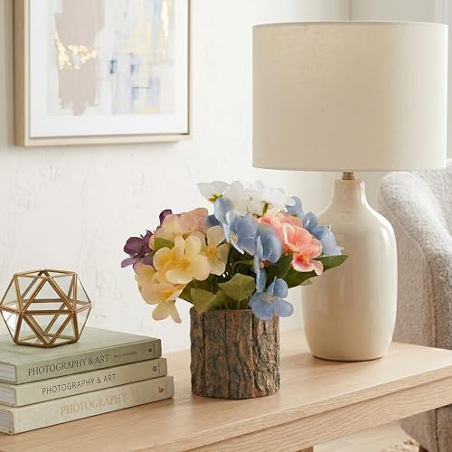 Image of Dekorly Artificial Multicolor Hydrangea Flower with Real Wooden Planter Vase (22CM) | Lifelike Faux Floral Arrangement for Home, Office & Table Decor (Hydrangea Floral)