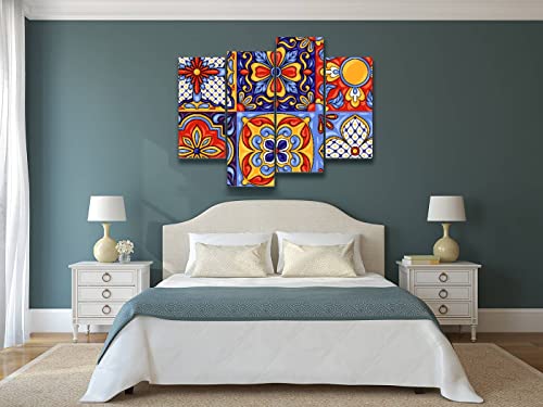 Mexican Talavera Ceramic Tile Pattern Canvas Wall Art Hanging Paintings Mexican Ceramic Home Decor Modern Ethnic Folk Ornament Artwork Abstract Wall Decor For Home Gift Framed 4 Panel #TOP1