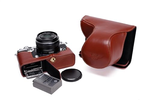 Cas Olympus Pen F protection cuir marron pour changer batterie facilement