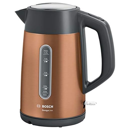 Bosch kabelloser Wasserkocher DesignLine TWK4P439, Ausgießen ohne Spritzer, Tassenanzeige, Wasserstandsanzeige beidseitig, Überhitzungsschutz, 1,7 L, 2400 W, kupfer