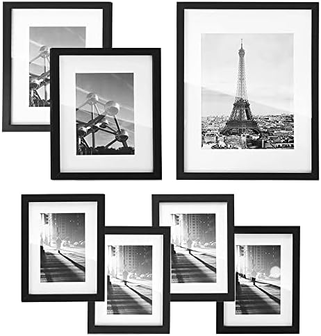 SONGMICS Gallery Wall Frame Set, Multi Picture Frames Set of 7, One 11x14, Two 8x10, Four 6x8 Collage Photo Frame with White Mat, Glass Front, Hanging or Tabletop Display, Black