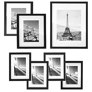 SONGMICS Picture Frames Set of 7 Pieces, One 11 x 14 Inches, Two 8 x 10 Inches, Four 6 x 8 Inches, with White Mat, Real Glass, for Multiple Photos, Black URPF37BK