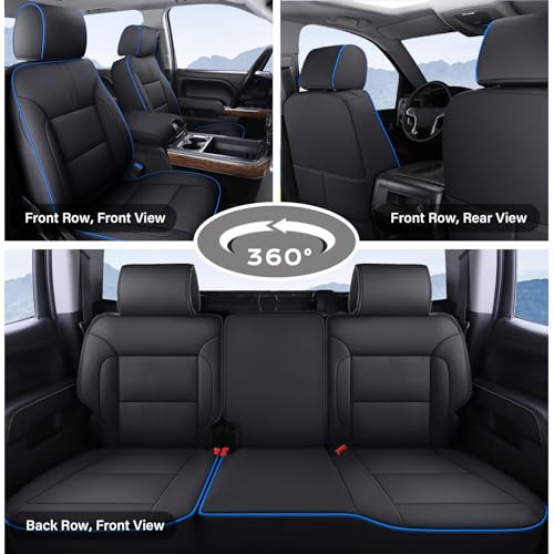 Image of Coverado Chevy Silverado Seat Covers Full Set, Faux Leather Car Seat Covers Fit for 2014-2018 1500, 2015-2019 2500HD 3500HD Chevy Silverado GMC Sierra Crew Double Extended Cab(Blueline)