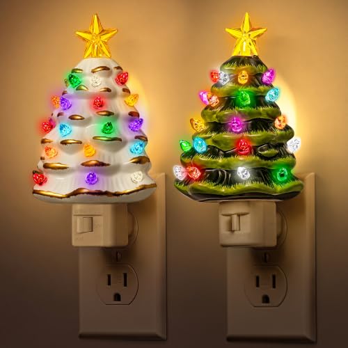DORESshop Christmas Tree Night Light,Plug in Colorful Decor,White&Green