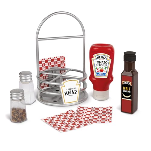 Casdon Heinz Sauce Caddy | 9-Piece Play Kitchen Set For Children Aged 3+ | Includes Pretend Tomato Ketchup, Vinegar, Salt And Pepper Shakers, Napkins, And Caddy.