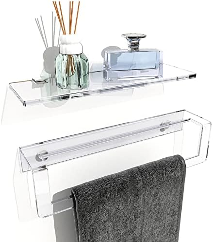 RORKIM Clear Acrylic Towel Racks Bathroom Wall Shelf with Towel Bar Wall Mounted,Thicken Clear Acrylic Bathroom Shelf Space Saving Utility Storage Bathroom Accessories