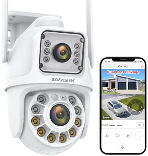 BOAVISION Dual Lens Linkage Security Camera Outdoor,Wireless PTZ Dual Screen Camera,360° View,Auto Tracking,Human Detection,Color Night Vision,24/7 Record,Two-Way Audio