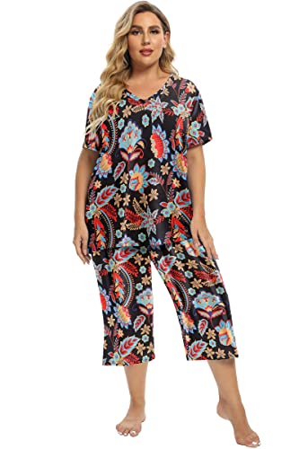 Image of Vozanet Women's V Neck Sexy Pajamas Capri Sets Mexican Style Floral Sleepwear 2PCS Totem Casual Nighty Plus Size M to 5XL