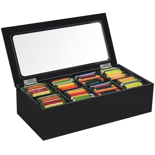 Tasybox Tea Bag Organizer, Acrylic Tea Box with Lid, Black Teabag Holder