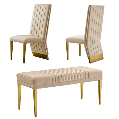 AUZ 3-Piece Dining Room Set with Bench for 4, Luxury Velvet Ottoman with 2 Channel Back Dining Chairs in Lovely Color Tufted