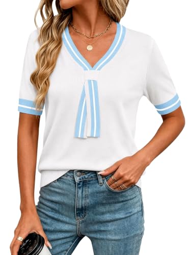 Image of Womens Knit Top Short Sleeve Sweater Work Summer Tops Cute Business Blouse | Lightweight Cute Bow Tie Sweater 2026 Chic V Neck Business Casual Outfits Tops