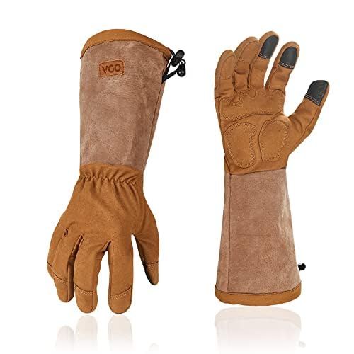 Vgo... Garening Gloves Men Long Sleeves in Leather with Touchscreen, Long Work Gloves Gauntlet Thorn Proof Heavy Duty for Yard Garden Agriculture(10/XL,SL6592-M,1Pair)