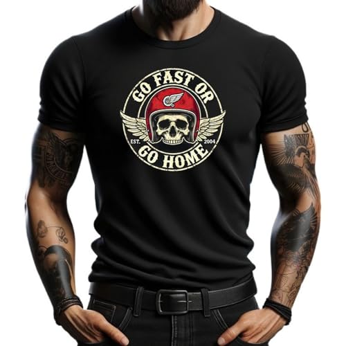 Camiseta Negra Go Fast or Go Home con Diseño de Calavera y Casco - Estilo Biker, Vintage, Manga Corta para Hombre (FR/ES, Letras, S, Regular, Regular, Negro)