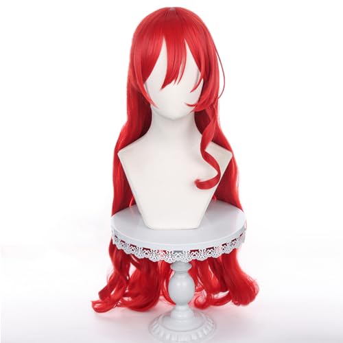 Image of Anime Red Wig with Bangs and Bun Women Long Wave Wig Pre-styled Half Up Half Down wigs Adult COS Game Cosplay Wigs Halloween,Christmas,Comic con,Game Show,Party